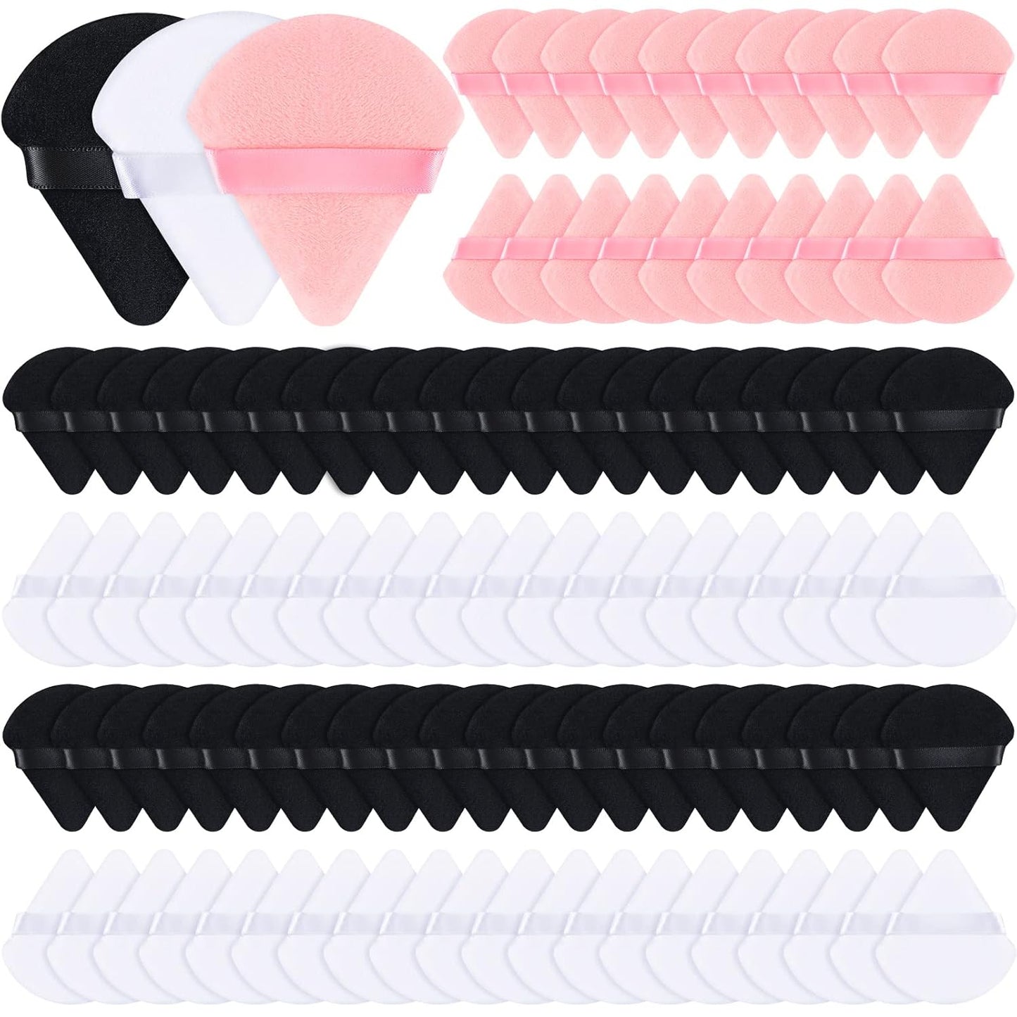 Meanplan 100 Pcs Powder Puff Face Soft Makeup Sponge Triangle Powder Puffs for Loose Velour Cosmetic Foundation Wet Dry Sponge Makeup Tools(Black, White, Pink)-GlimoraGlow