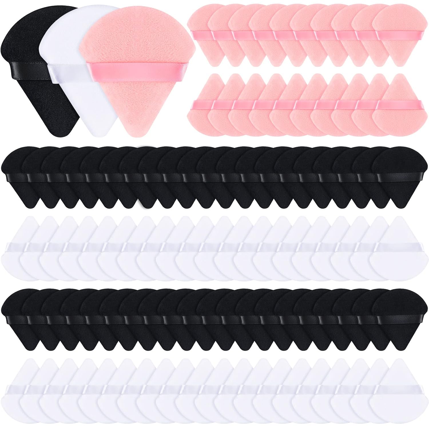 Meanplan 100 Pcs Powder Puff Face Soft Makeup Sponge Triangle Powder Puffs for Loose Velour Cosmetic Foundation Wet Dry Sponge Makeup Tools(Black, White, Pink)-GlimoraGlow