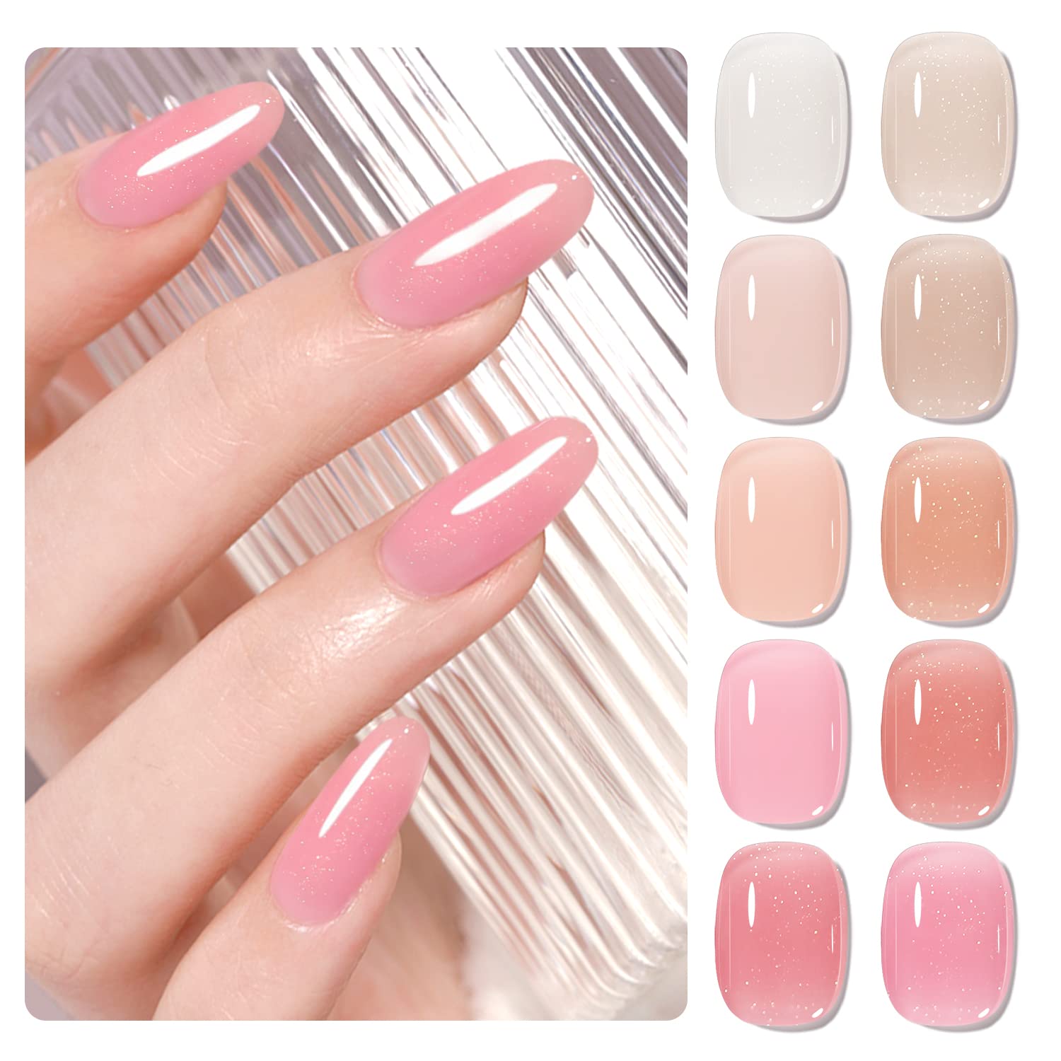 Jelly Shimmer Gel Nail Polish Set, 10 Colors Translucent Natural Milky White Pink Nail Polish Gel, UV/LED Soak Off Gel Nail Kit DIY Nail Art Salon Manicure Gifts for Women Girls.-GlimoraGlow