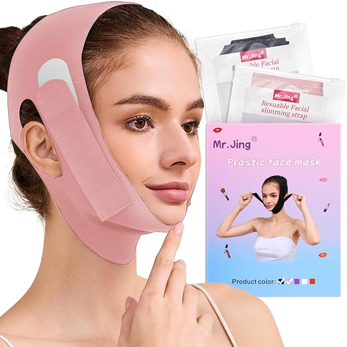 2 Pack Face Slimming Strap, Double Chin Reducer Band, Graphene V-Line Mask Chin Up Mask V Shaped Face Mask Chin strap for sleeping, V-Line Lifting Mask for Women, Medium, Black and Pink-GlimoraGlow