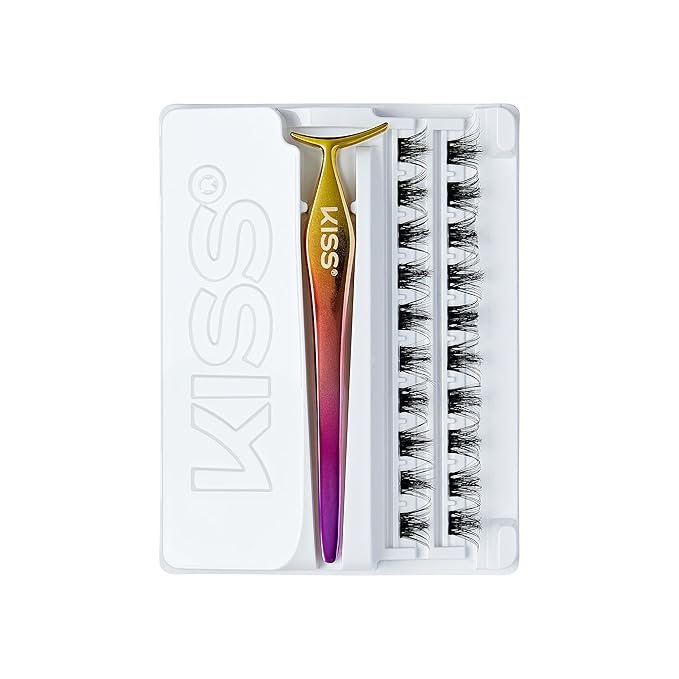 KISS imPRESS Falsies Press On Self Adhesive Eyelashes, 12mm-14mm Glam Volume Press On Lashes, Black, No Glue Needed, Invisible Band, 20 Lash Clusters & Non-Stick Applicator - Spiky-GlimoraGlow