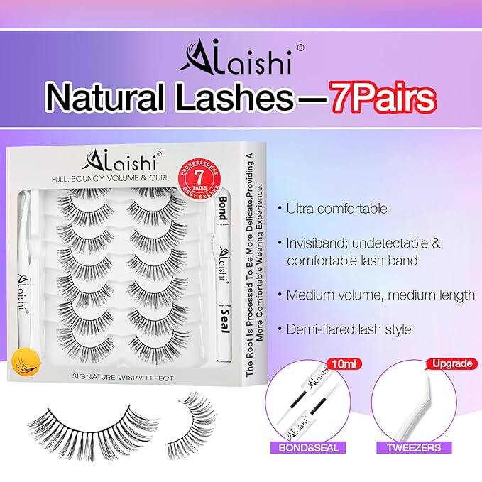 Wispy False Eyelashes Kit With Bond, Seal and Tweezer, 7 Pairs Natural Look Fake Cat Eye Lashes Strips Thin Band Extensions Waterproof Easy Eyelashes for Beginners DF1-GlimoraGlow