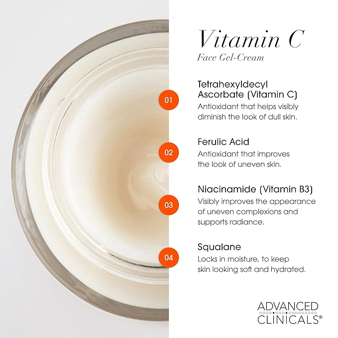 Advanced Clinicals Brightening Vitamin C Face Cream Gel With Niacinamide + Hyaluronic Acid | Vitamin C Moisturizer Lotion For Face Visibly Diminishes Look Of Dark Spots & Uneven Skin Tone, 2.5 Fl Oz-GlimoraGlow