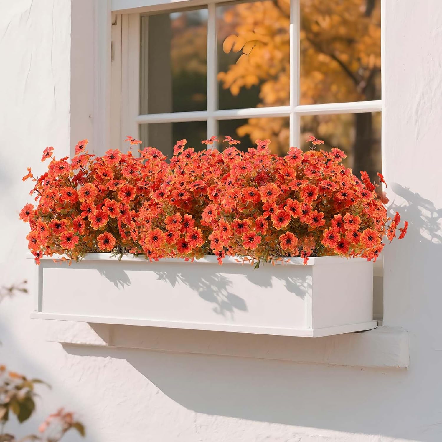 Hananona 18 Pcs Artificial Mum Flowers for Outdoors, Faux Fall Mums Silk Flower for Outside, Fake Orange Flowers for Fall Patio Front Door Planter Autumn Halloween Home Decorations (18, Orange)