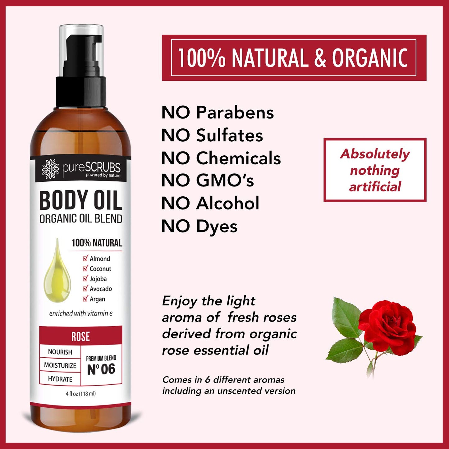 pureSCRUBS Ultra Moisturizing Rose Body Oil Spray for Dry Skin, Massage, Cuticles & More, Organic Super Blend of Jojoba, Argan, Coconut, Sweet Almond & Avocado Oils Enriched with Vitamin E, Lg 4oz-GlimoraGlow