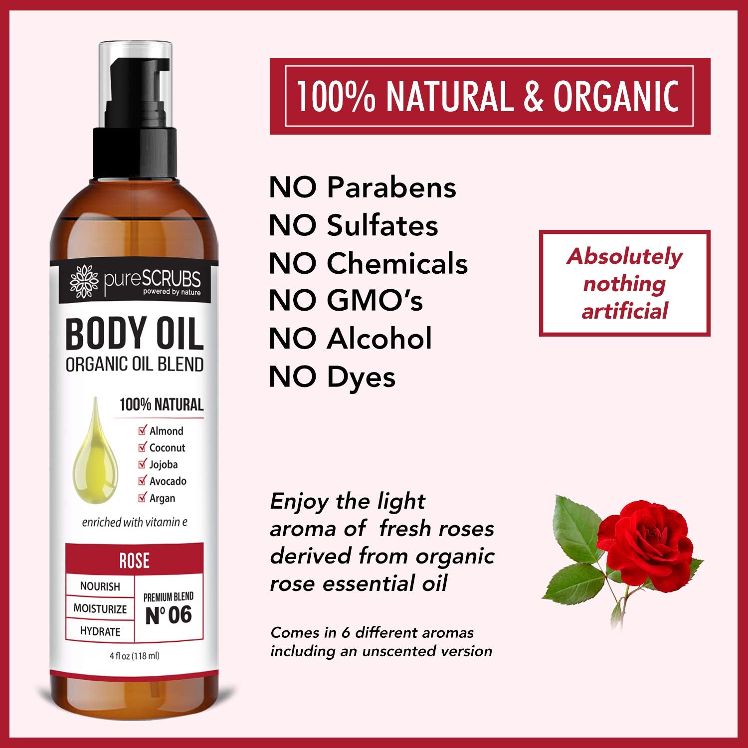 pureSCRUBS Ultra Moisturizing Rose Body Oil Spray for Dry Skin, Massage, Cuticles & More, Organic Super Blend of Jojoba, Argan, Coconut, Sweet Almond & Avocado Oils Enriched with Vitamin E, Lg 4oz-GlimoraGlow