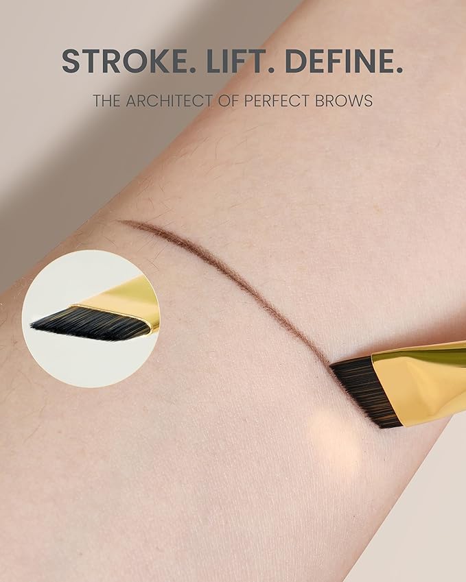 Desert Oak Series MicroBlade Angled Brow Brush - 11mm Ultra-Fine Nylon Bristles for 1mm Hair Strokes, Pomade/Gel/Powder Application, Bubinga & Brass (CM 190)-GlimoraGlow