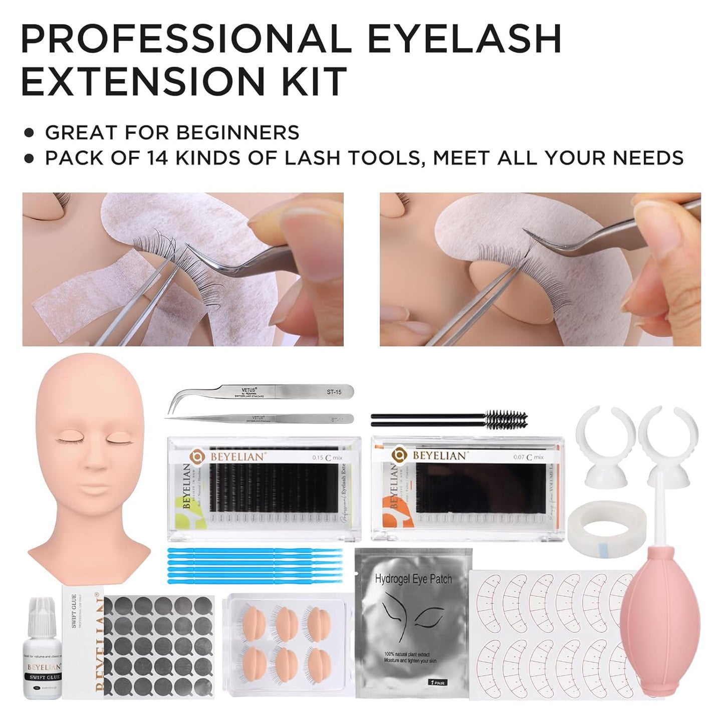 BEYELIAN Eyelash Extension Kit, Lash Extension Kit, Professional Lash Mannequin Head Kit with Removable Eyelids, Lash Kit for Eyelash Extensions Beginners 353 Piece Set-GlimoraGlow