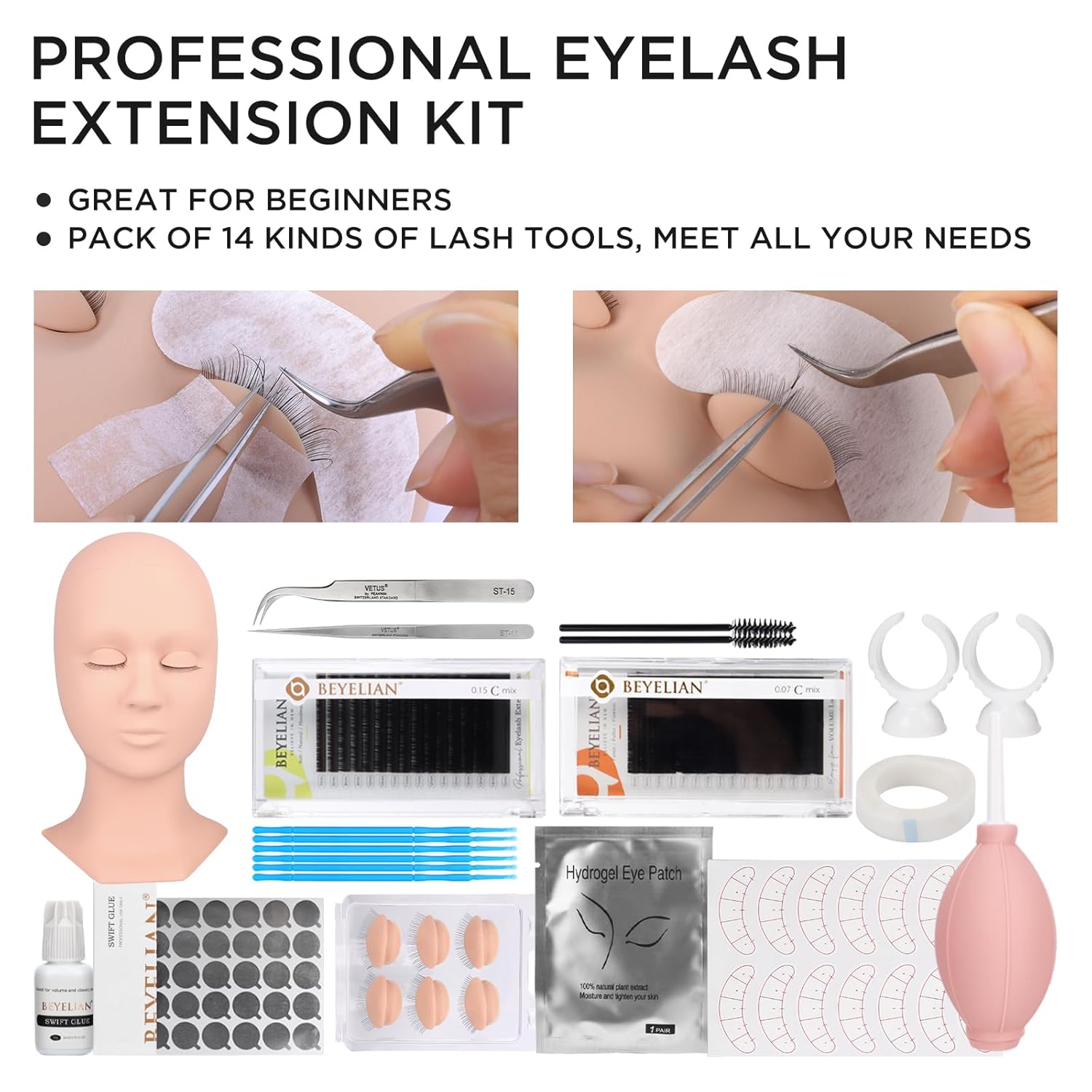 BEYELIAN Eyelash Extension Kit, Lash Extension Kit, Professional Lash Mannequin Head Kit with Removable Eyelids, Lash Kit for Eyelash Extensions Beginners 353 Piece Set-GlimoraGlow