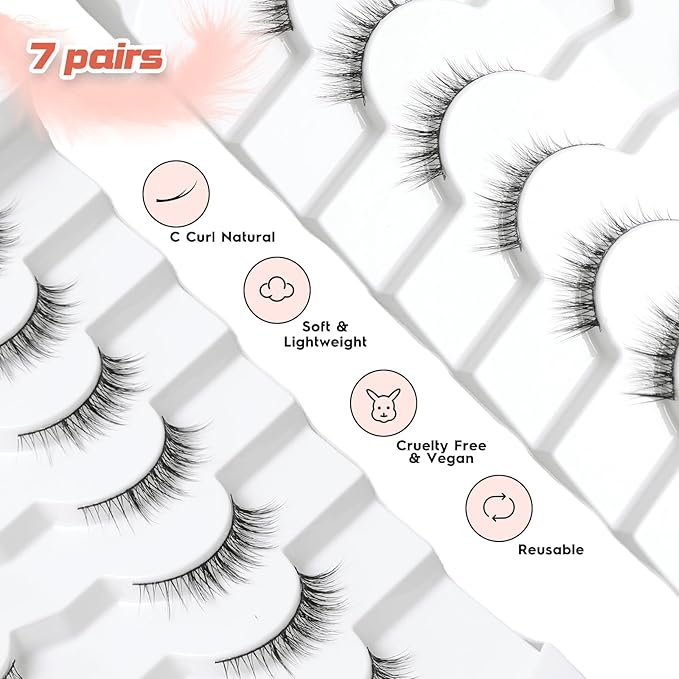 Natural Lashes Wispy Eyelashes Natural Look Short Lashes Pack 12mm Eyelashes C Curl False Lashes Thinner Band 3D Volume Fake Eyelashes 7 Pair Siligli-GlimoraGlow