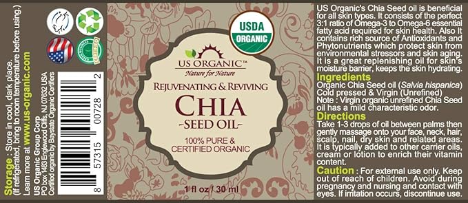 US Organic Chia Seed Oil, Certified Organic, Pure & Natural, Cold Pressed Virgin, Unrefined, Sourced from Paraguay, in Amber Glass Bottle w/Glass Eyedropper (1 oz (30 ml))-GlimoraGlow
