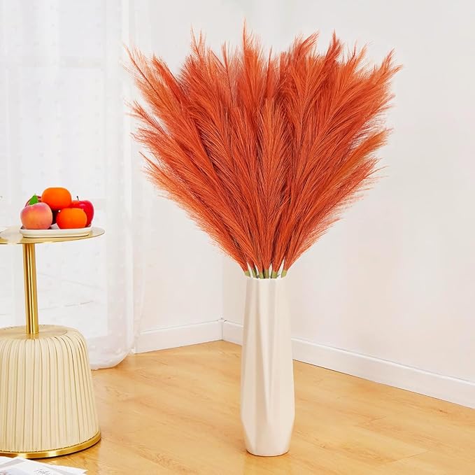 8pcs Orange Pampas Grass Tall, 35" Fluffy Faux Colored Pompas Grass Artificial Orange Pampas Stems Vase Filler Fall Flower Arrangement for Home Wedding Centerpieces Autumn Bohe Decor