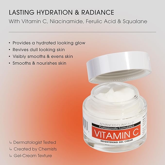 Advanced Clinicals Brightening Vitamin C Face Cream Gel With Niacinamide + Hyaluronic Acid | Vitamin C Moisturizer Lotion For Face Visibly Diminishes Look Of Dark Spots & Uneven Skin Tone, 2.5 Fl Oz-GlimoraGlow