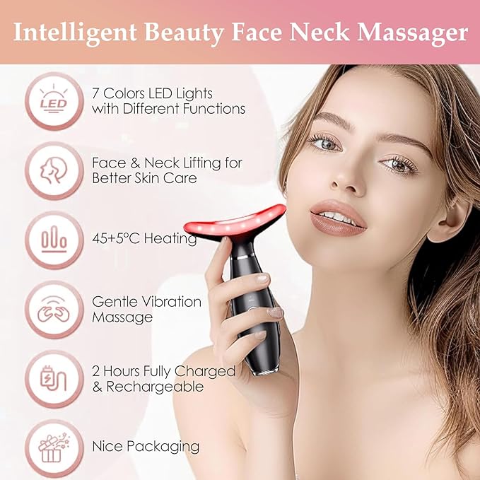 7 Colors Facial and Neck Massager,Lymphatic Contour Face Massager for Womens Skin Care- Rejuvenation- Lifting- Toning- Glow Boost-Tightening and Smooth (Black)-GlimoraGlow