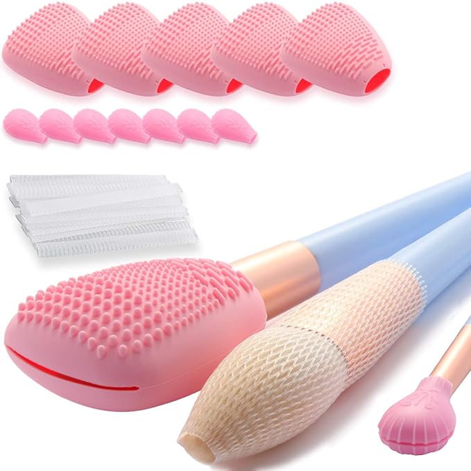 Silicone Travel Make-up Brush Holder with Cleaner Mat Pad, Organizer Case Covers for Foundation Eye Lip Brushes Storage Cleaning, Gift for Women Girl-friend Mother Wife, 5-Pcs Large + 7 Small, Pink-GlimoraGlow