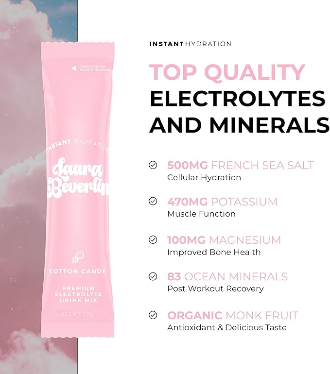 Instant Hydration Electrolytes Powder Packets - Cotton Candy Drink Mix - Zero Sugar - Keto, Vegan, Gluten-Free, Non-GMO - Boost Recovery, Brain Health, Muscle & Tissue Support- 30 Sticks-GlimoraGlow
