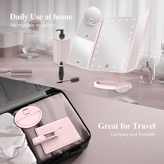 HUONUL Makeup Mirror Vanity with Lights, 2X 3X 10X Magnification, Lighted Mirror, Touch Control, Trifold Dual Power Supply, Portable LED Women Gift (Pink)-GlimoraGlow
