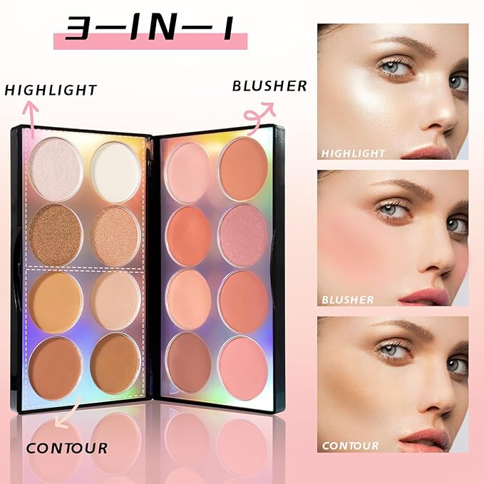 16 Colors Blush Contour Highlighter Makeup Palette with Brush, Matte Mineral Face Blush Powder for Cheek, Bright Shimmer Illuminator Bronzer Professional Facial Beauty Makeup Blushes Set-GlimoraGlow