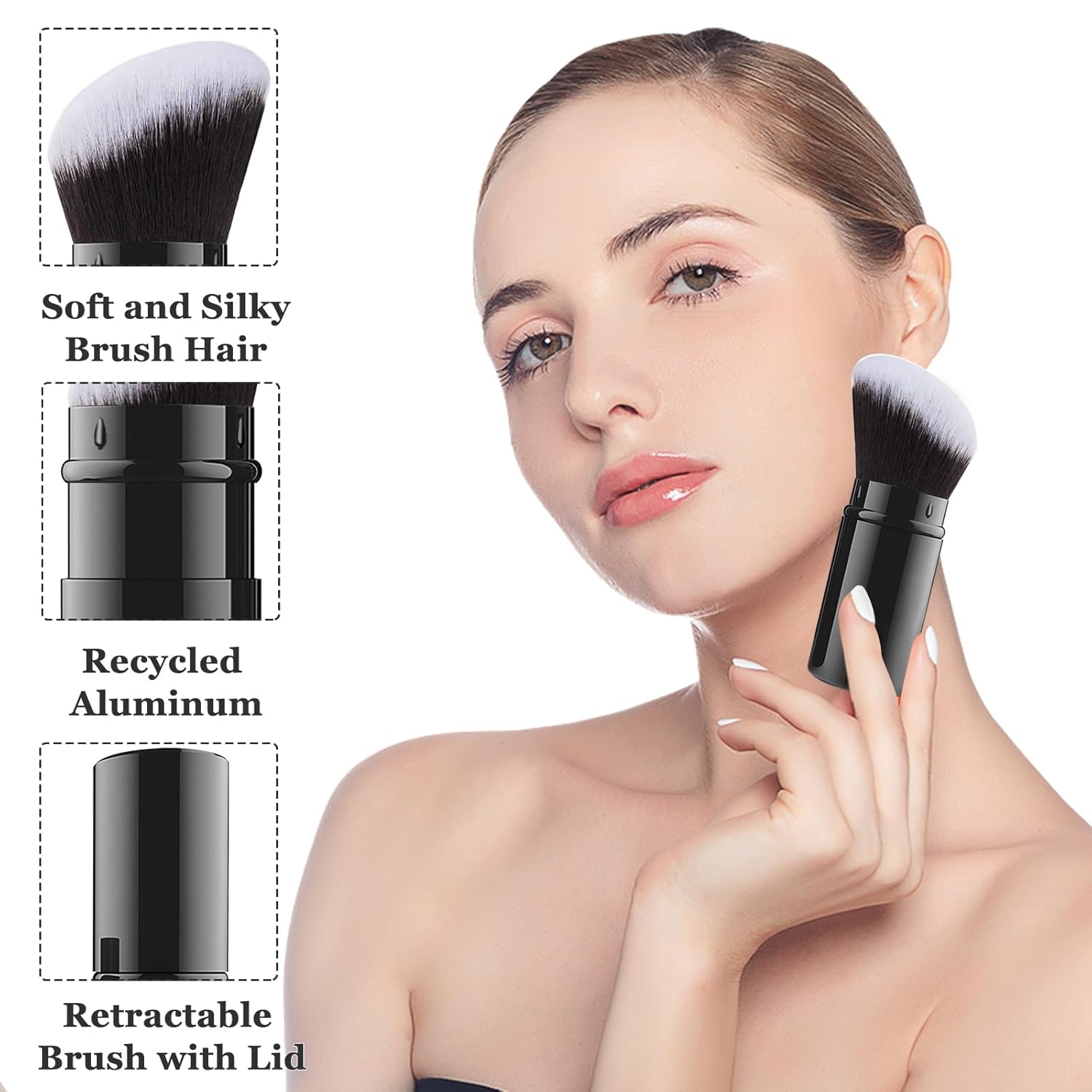 Falliny Retractable Kabuki Makeup Brush, Angled Travel Powder Blush Brush Foundation Makeup Brush with Cover for Blush, Sunscreen,Bronzer, Buffing, Concealer,Highlighter, Powder Cosmetics-GlimoraGlow