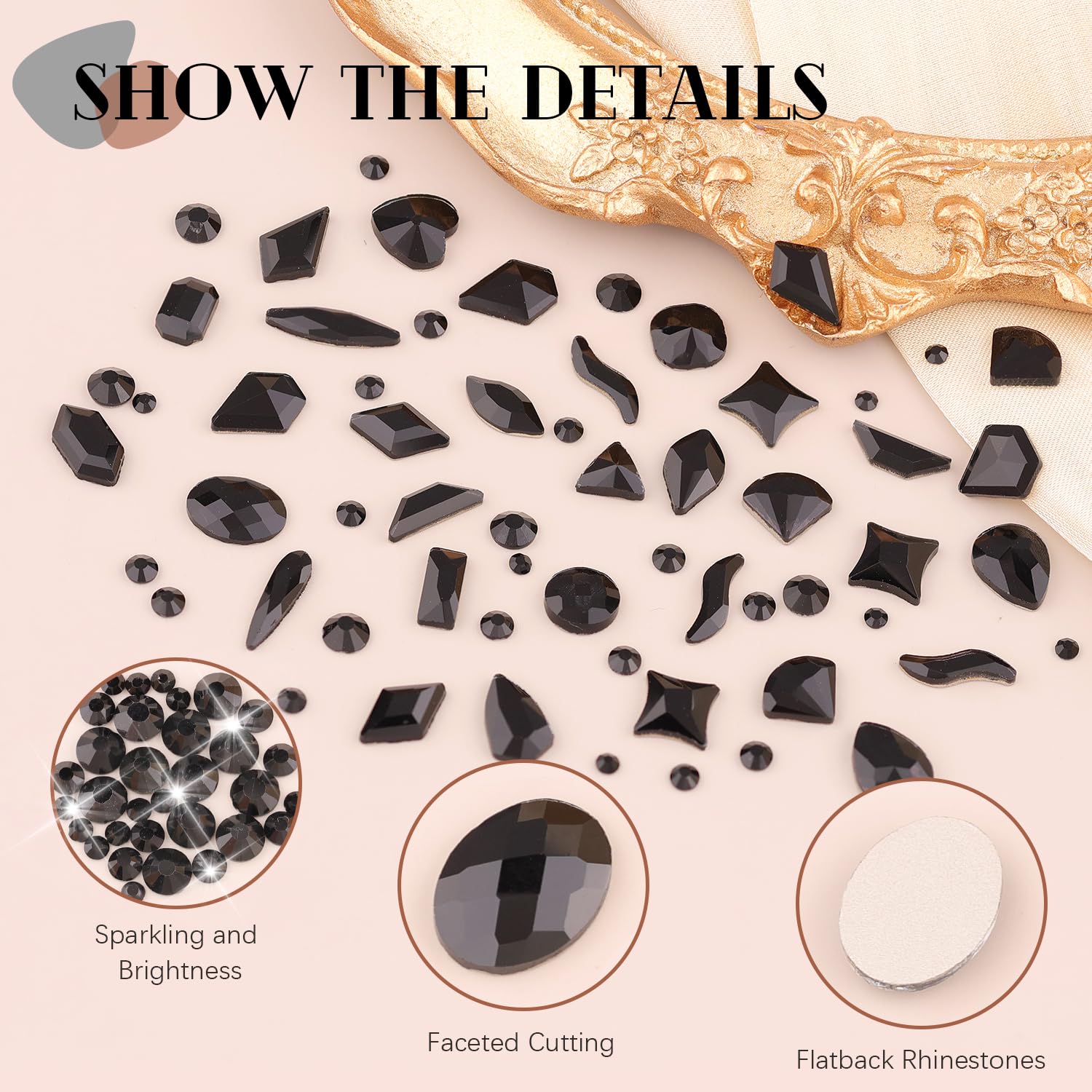 1680Pcs Black Glass Nail Rhinestones 180Pcs Multi Shapes Flatback Nail Gems + 1500Pcs 1.5-4mm Round Crystal, Manicure Nail Charms Diamond Gemstones for Acrylic Nails Decoration-GlimoraGlow