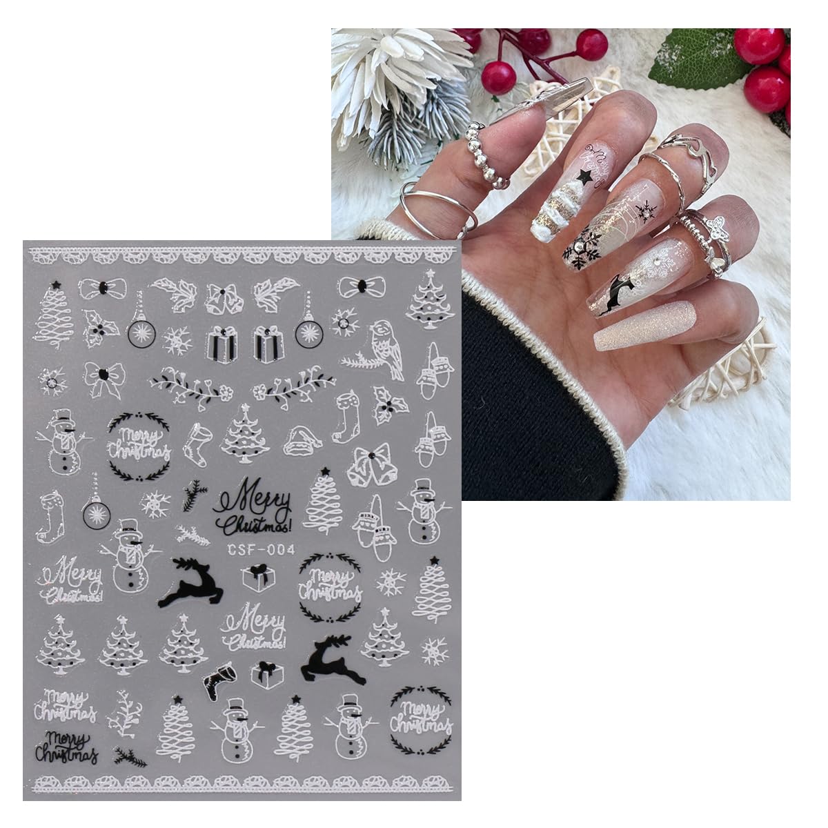 JMEOWIO 9 Sheets Christmas Glitter Nail Art Stickers Decals Self-Adhesive White Black Nail Supplies Nail Art Design Decoration Accessories-GlimoraGlow
