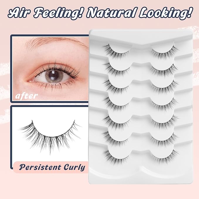Natural Lashes Wispy Eyelashes Natural Look Short Lashes Pack 12mm Eyelashes C Curl False Lashes Thinner Band 3D Volume Fake Eyelashes 7 Pair Siligli-GlimoraGlow