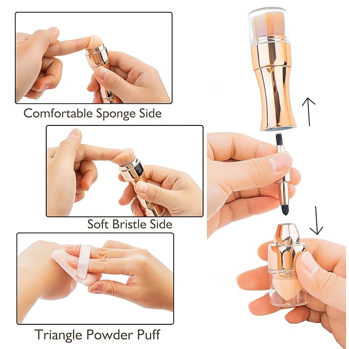 kullder 4 in 1 Makeup Brush Travel Makeup Brushes Blend Sponge, Eyebrow, Eyeshadow & Blush Brushes for Foundation Concealer Double Ended Makeup Brush with Powder Puff Women Ideal Gifts-GlimoraGlow