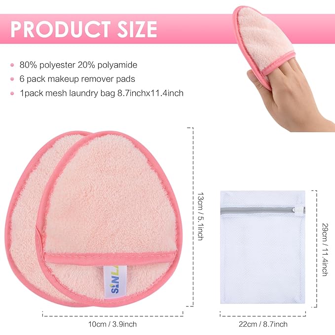 SINLAND Reusable Makeup Remover Pads For Face,Eye,Lips Microfiber Gentle Facial Cleansing Cloths for All Skin Types Friendly for Makeup Remover With Laundry Bag 5.1inchx3.93inch Pink Pack of 6-GlimoraGlow