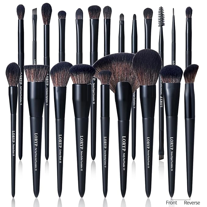 LORYP Black Makeup Brushes Set 21Pcs Powder Blush Foundation Concealer Highlighter Brush Vegan Pro Face and Eye Brush Kit-GlimoraGlow