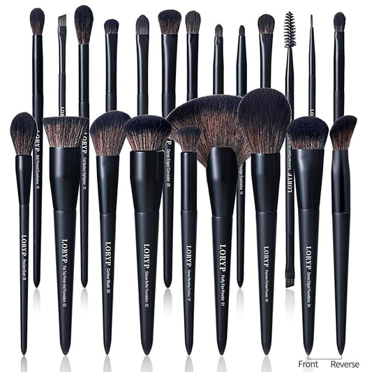 LORYP Black Makeup Brushes Set 21Pcs Powder Blush Foundation Concealer Highlighter Brush Vegan Pro Face and Eye Brush Kit-GlimoraGlow