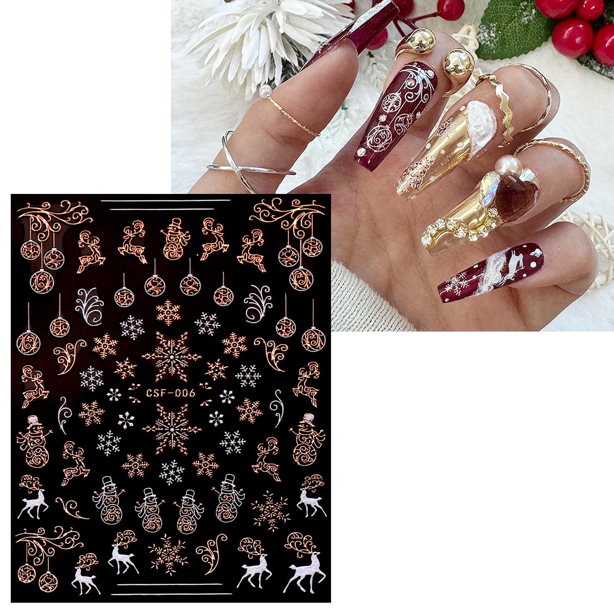 JMEOWIO 9 Sheets Christmas White Glitter Nail Art Stickers Decals Self-Adhesive Snowflake Winter Holiday Rose Gold Nail Supplies Nail Art Design Decoration Accessories-GlimoraGlow