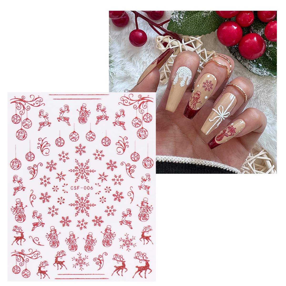 JMEOWIO 9 Sheets Christmas Glitter Nail Art Stickers Decals Self-Adhesive Red Nail Supplies Nail Art Design Decoration Accessories-GlimoraGlow