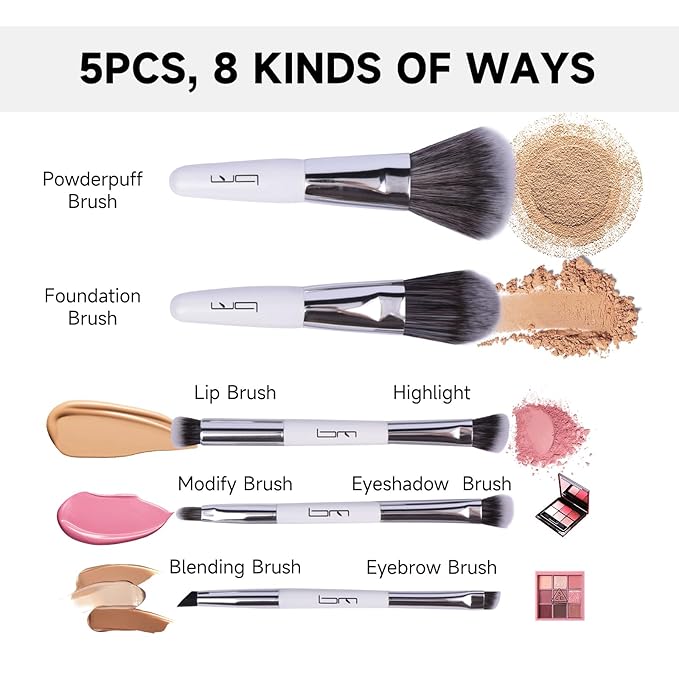 Travel Makeup Brushes Set w/Pouch, 5PCS Double Ended Portable Mini Cosmetic Brushes Kit for Foundation, Eyeshadow, Lip, Blush Make Up Brushes Professional(White)-GlimoraGlow