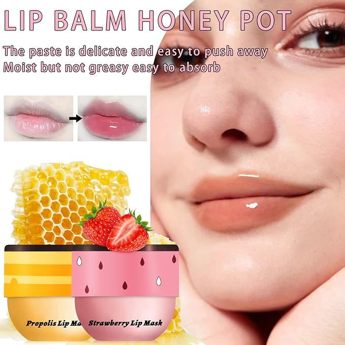 2 PCS Bee Lip Balm Honey Pot, Honey & Strawberry Lip Mask Overnight Propolis Moisturizing Lip Balm Hydrating Prevention Dry and Crack Lip Scrubs Exfoliator Lip Wrinkle Care (Honey&Strawberry)-GlimoraGlow