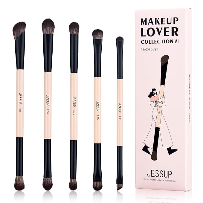 Jessup Makeup Brushes 5pcs Double Ended Eyeshadow Brush Contour Blending Eyeliner Eye Shader Brush, Vegan Fiber Precision Eye Brush Set Peach Dust T509-GlimoraGlow