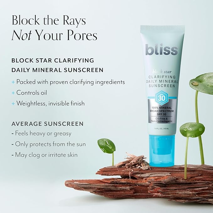 Bliss Block Star Clarifying Daily Mineral Sunscreen Broad Spectrum SPF 30, Blendable Pore Safe Formula for Blemish Prone Skin with Salicylic Acid and Witch Hazel, 1.4 Fl Oz-GlimoraGlow