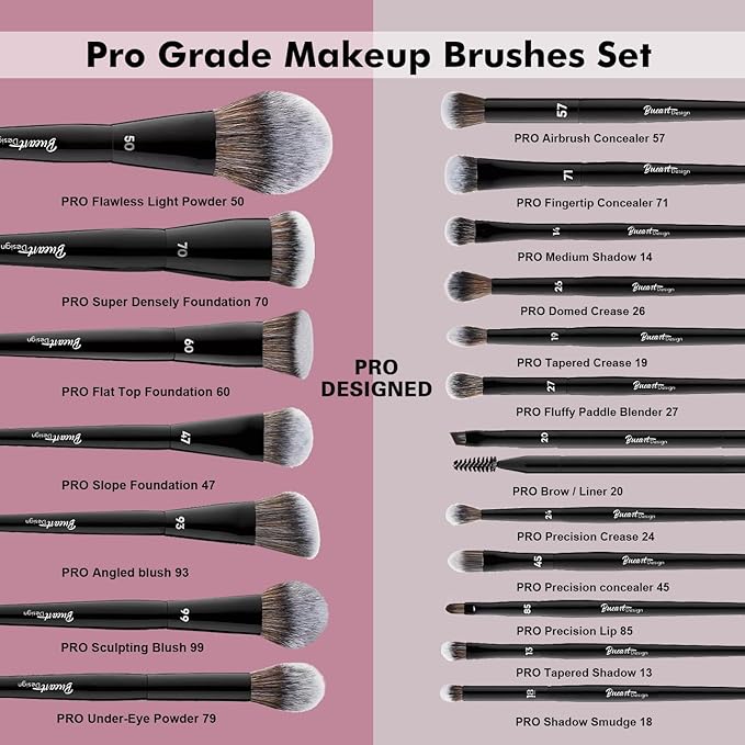 Bueart Design 19Pcs Professional Grade Labeled Makeup Brushes Set, Large Foundation Powder Contour Concealer eyeshadow Blush EyeLiner Make up Brushes,Premium Synthetic hair,Vegan Cruelty-free-GlimoraGlow