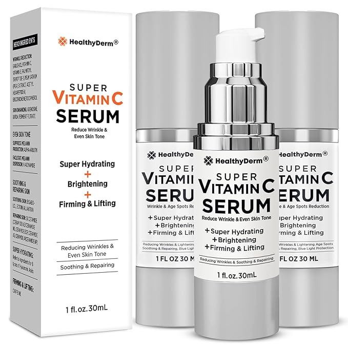 Super Vitamin C Serum for Women Over 70: Niacinamide, Vitamin C, Hyaluronic Acid, Peptides, Vitamin E, Caffeine, Bakuchiol, Hydrating, Lifting, Wrinkle & Age Spots Reduction Pack of 3-GlimoraGlow