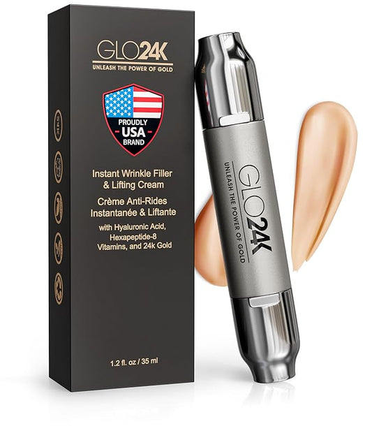 GLO24K Instant Wrinkle Filler for Face, XL Lifting Cream for Eye and Face, Lift and Tightening Non-Invasive with Hyaluronic Acid, 24k Gold, Peptides and Vitamins for Youthful Appearance, 1.2 fl oz-GlimoraGlow