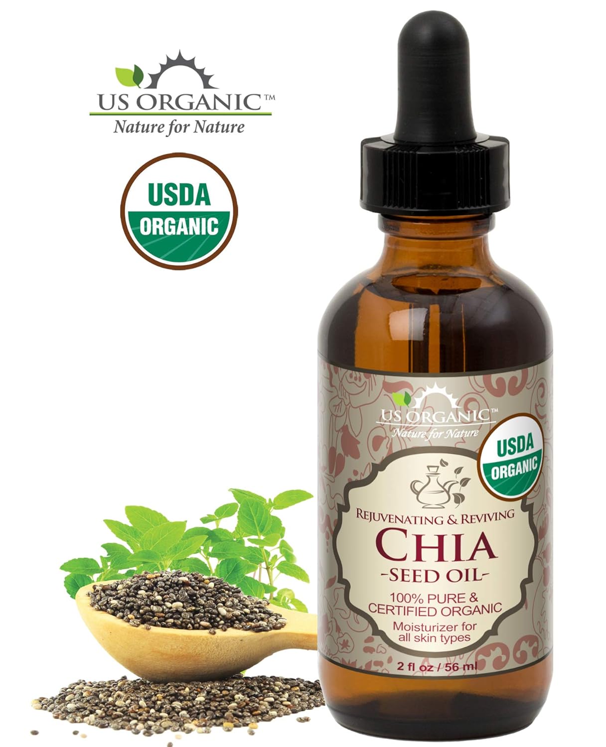 US Organic Chia Seed Oil, Certified Organic, Pure & Natural, Cold Pressed Virgin, Unrefined, Sourced from Paraguay, in Amber Glass Bottle w/Glass Eyedropper for Easy Application (2 oz (56 ml))-GlimoraGlow
