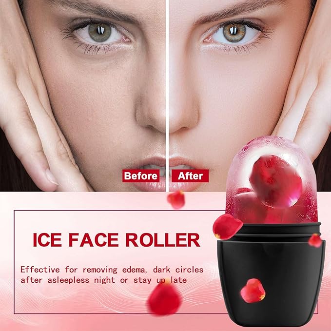 XHJRI Ice Face Roller Massager,Ice Cube Roller for Face, Eyes and Neck Naturally Conditioning and Skin Care,De-Puff Eye Bags,Reduce Migraine Pain,Reusable Massage Silicone Ice Mold (New Black)-GlimoraGlow