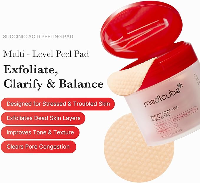 Medicube Red Succinic Acid Panthenol Facial Peeling Pads - Exfoliating Toner Pads for Breakout-Prone Skin with Niacinamide, AHA, BHA, and Soothing Panthenol - Non-Comedogenic-GlimoraGlow
