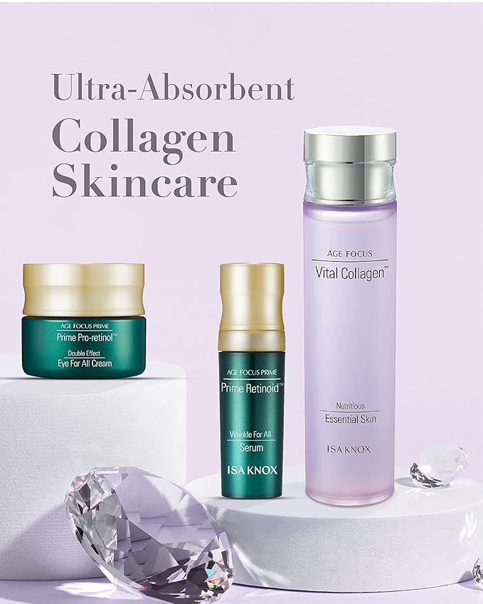 ISA KNOX AGE FOCUS VITAL COLLAGEN Emulsion, PRIME Wrinkle For All Serum & PRIME Eye For All Cream (177 ml/5.99 fl oz) - Korean Skin Care by LG Beauty. Vitamins C, B12 & E.-GlimoraGlow