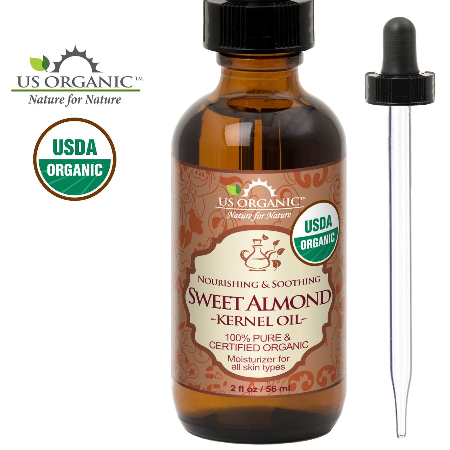 US Organic Sweet Almond Kernel Oil, USDA Certified Organic,100% Pure & Natural, Cold Pressed Virgin, Unrefined in Amber Glass Bottle w/Eyedropper, Sourced from Poland (2 oz (56 ml))-GlimoraGlow