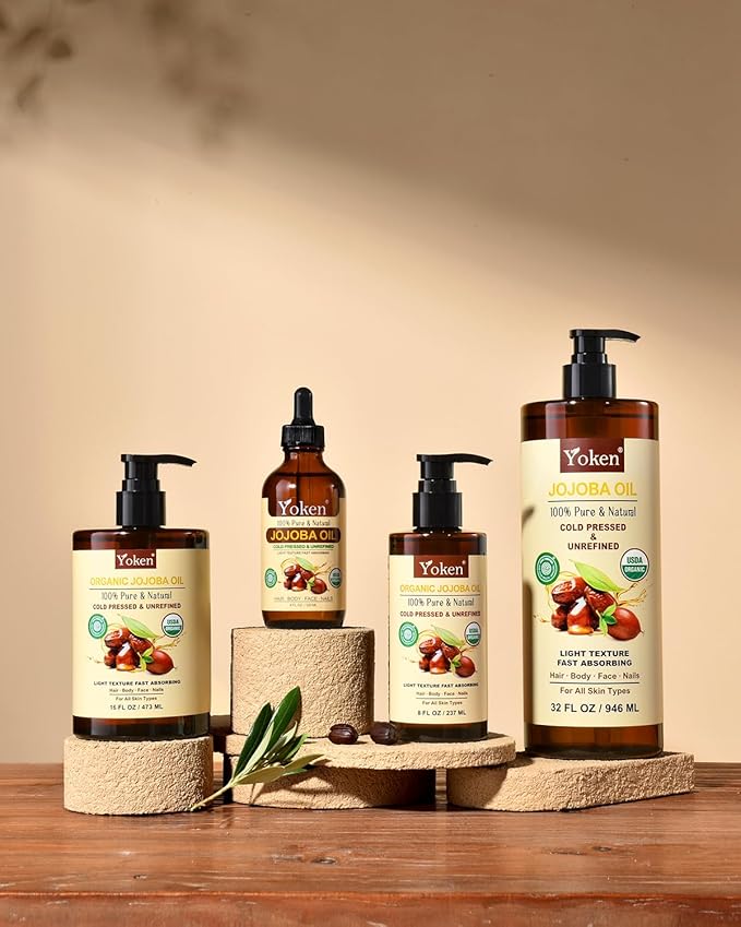 Yoken USDA Organic Jojoba Oil Cold Pressed 8 fl oz, 100% Pure & Natural Unrefined Jojoba Oil for Face Hair & Skin Massage, Hexane Free, Deeply Moisturizing Body Carrier oils Multi-Purpose Serum-GlimoraGlow