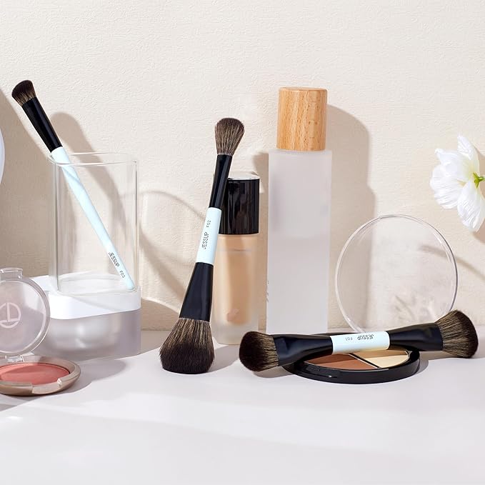 Jessup Face Makeup Brushes Blue 3pcs Double Ended Makeup Brush for Foundation Contour Blush Highlight and Concealer Brush, Premium Synthetic Brush Set T503-GlimoraGlow