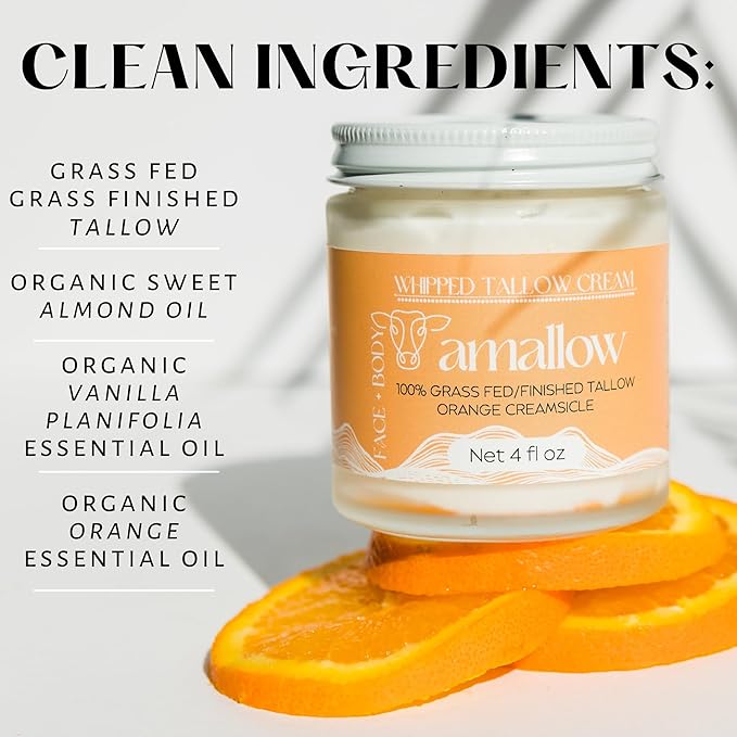 Amallow 100% Grass Fed Beef Tallow for Skin Care - Face + Body - Whipped Moisturizer - Natural Lotion, 4 FL. oz. (Orange Creamsicle)-GlimoraGlow