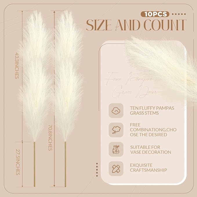 Zeyune 10 Pcs 71'' Large Faux Pampas Grass Decor Tall Artificial Pompous Grass Bulk for Boho Floor Vase Filler Wedding Floral Arrangements Home Baby Shower and Boho Decor (Beige)
