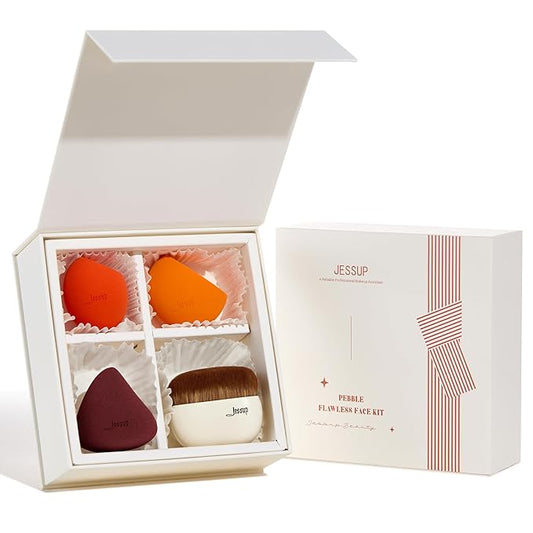 Jessup Foundation Brush with Makeup Sponge Set, 1pc Flat Top Kabuki Brush and 3pcs Make up Sponges for Concealer Blending Blush Powder Buffing Stippling with Gift Box, T505-GlimoraGlow