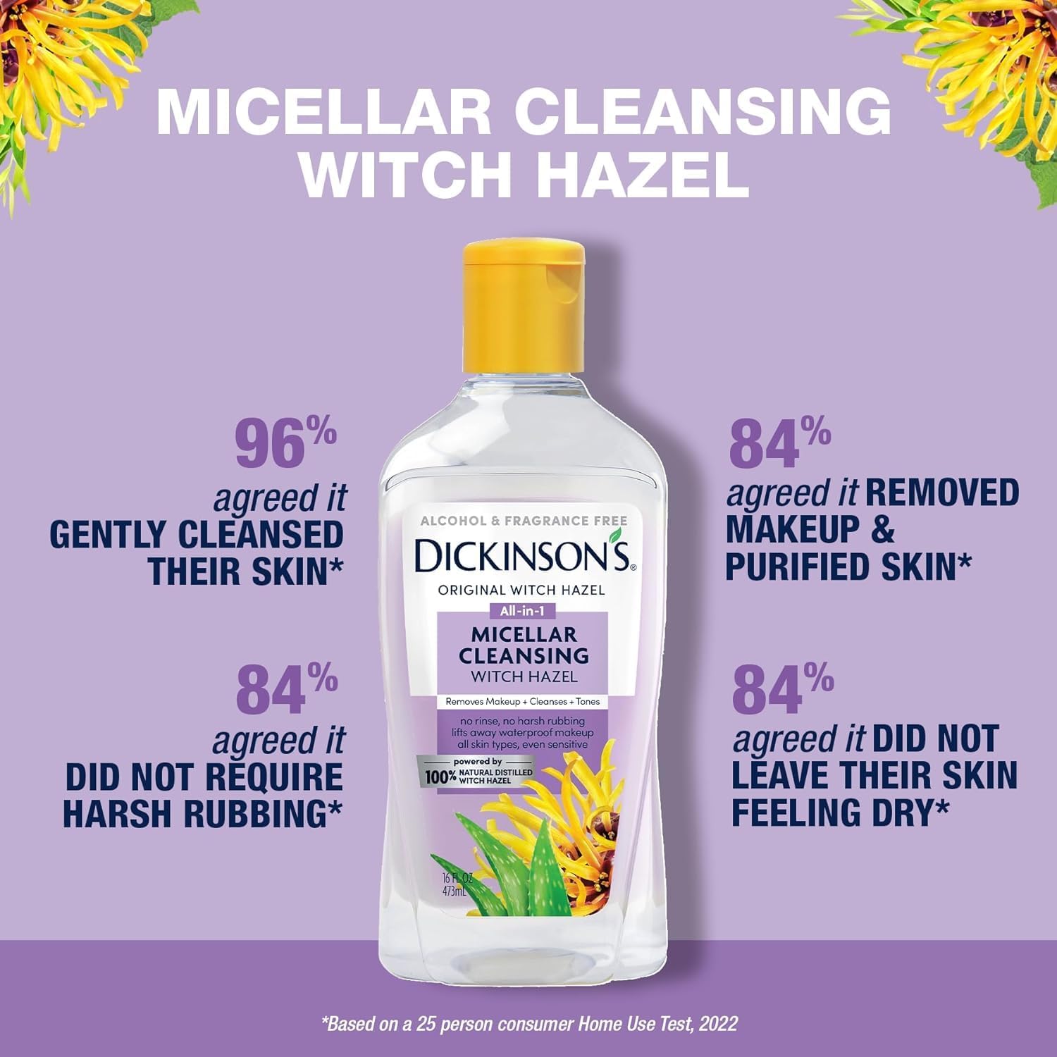 Dickinson's Micellar Cleansing Witch Hazel | 100% Natural Distilled Witch Hazel | Alcohol & Fragrance Free | Makeup Remover, Skin Cleanser, Facial Toner | Removes Dirt, Oil, Makeup | 8 Fl Oz-GlimoraGlow